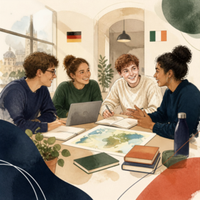 Illustration von vier Studierenden bei der gemeinsamen Projektarbeit, mit deutscher und irischer Flagge im Hintergrund.