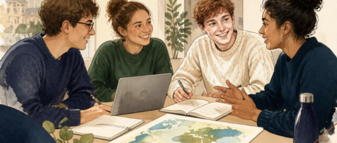 Illustration von vier Studierenden bei der gemeinsamen Projektarbeit, mit deutscher und irischer Flagge im Hintergrund.