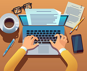 Writer writes document. Journalist create storytelling with laptop. Hands typing on computer keyboard. Story writing vector concept. Illustration of journalist write blogging