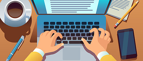 Writer writes document. Journalist create storytelling with laptop. Hands typing on computer keyboard. Story writing vector concept. Illustration of journalist write blogging