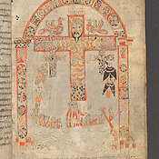 Teil einer mittelalterlichen Handschrift aus Würzburg, in der irische Vorbilder von ihren fränkischen Schülern missverstanden wurden. So wurden die Engel in einer Kreuzigungsszene hier zu Vögeln.